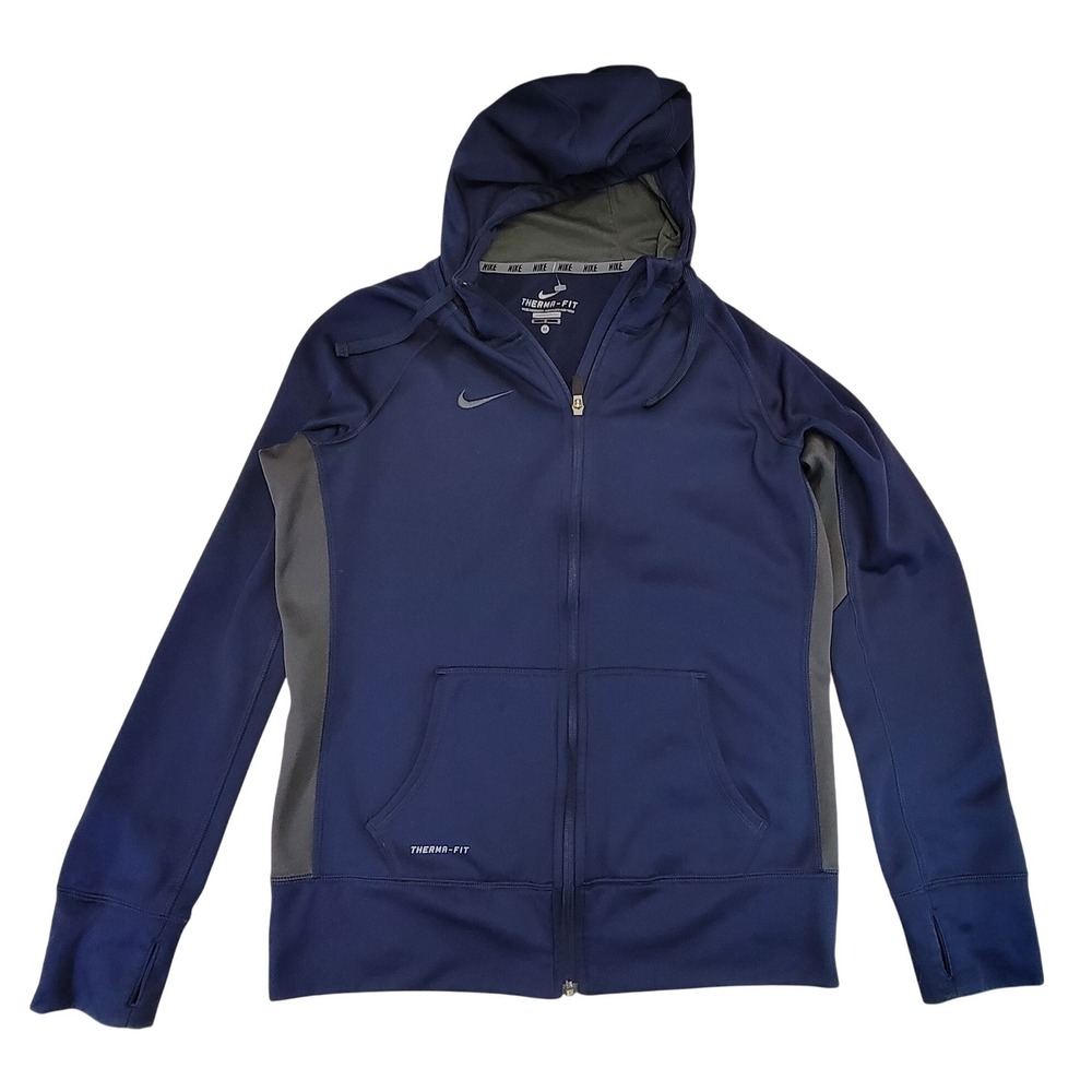 Nike Therma Fit Full Zip Hoodie Navy Blue Gray Men's Medium Athletic Training